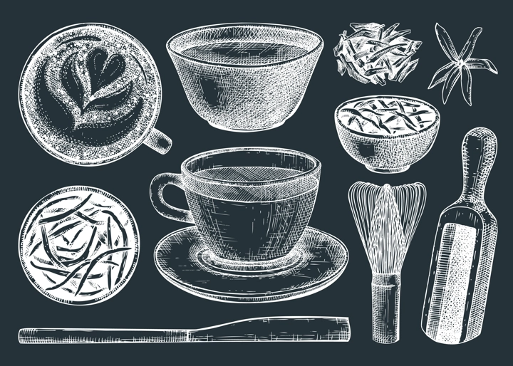 Hand-sketched green tea drinks and ingredients collection on chalkboard. Vector sketches of hot beverage cups, dried leaves, jasmine blossoms. Popular tea drawings for menu design.